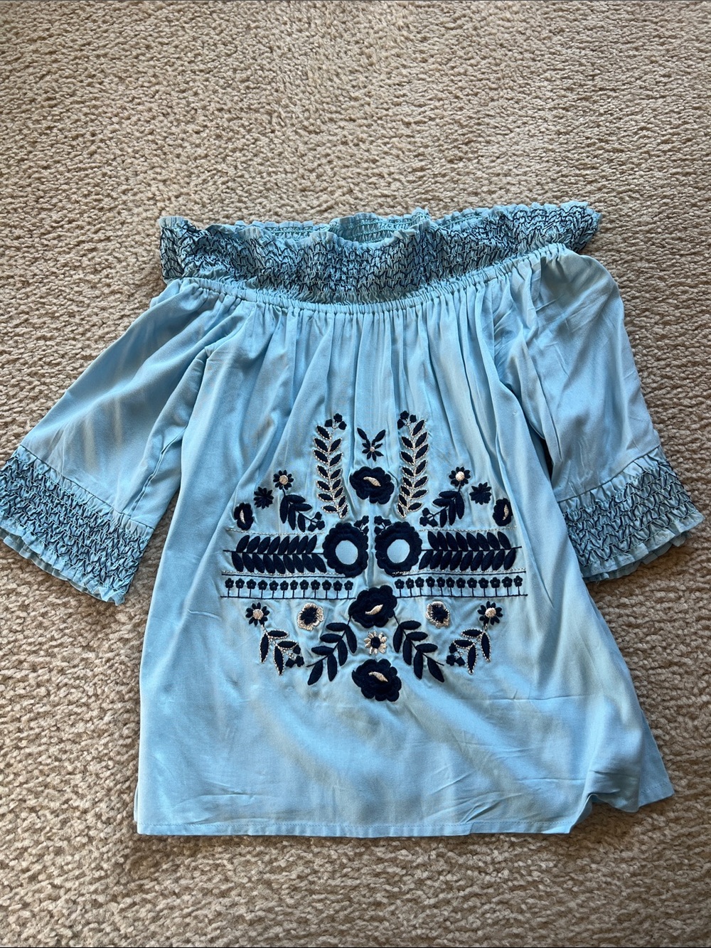 Stop Staring Pale Blue Off-Shoulder Blouse with Navy Embroidery